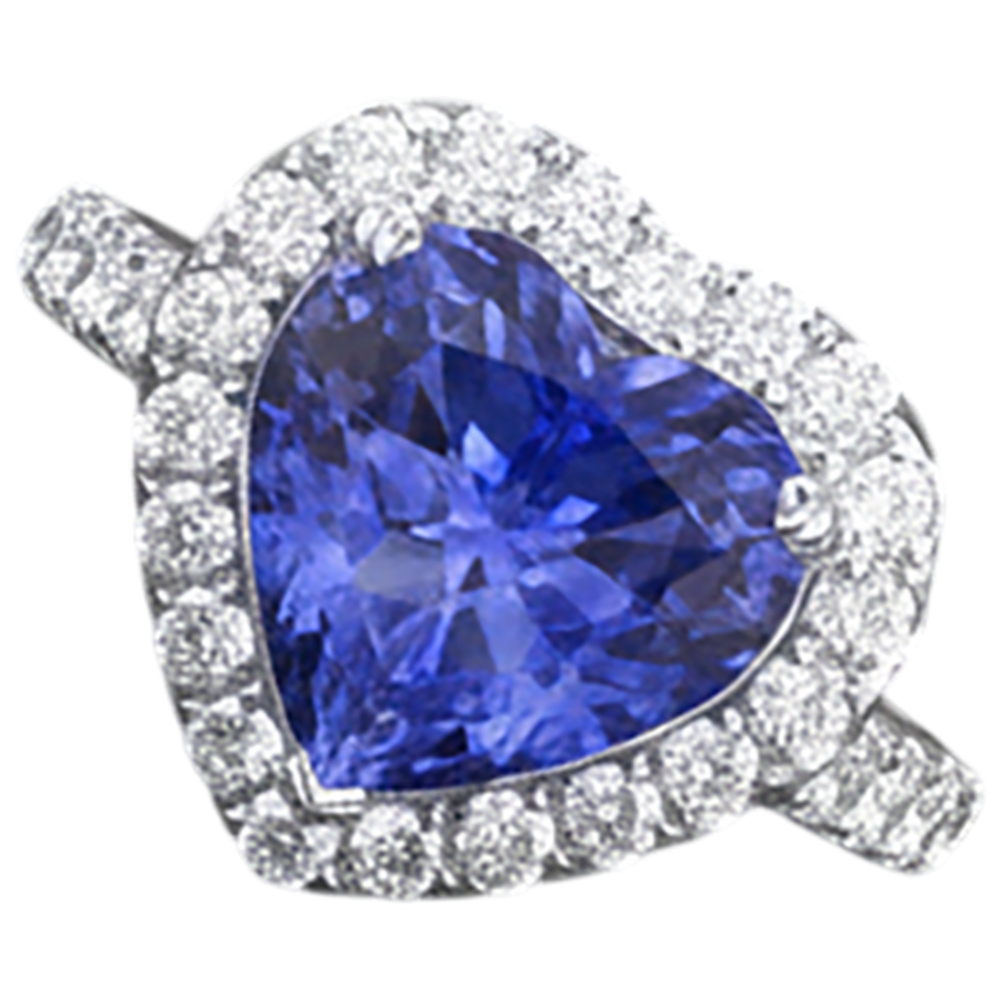 Tansanit und runder Aus der Erde Abgebauter Natürlicher Diamantring im Herzschliff 2.10 ct 14K Gold