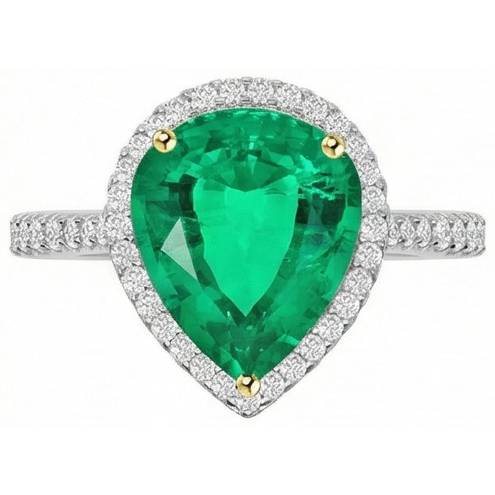 Birnen-Schliff Edler Smaragd Ring in 14 Karat Zweifarbig Gold – Frontansicht