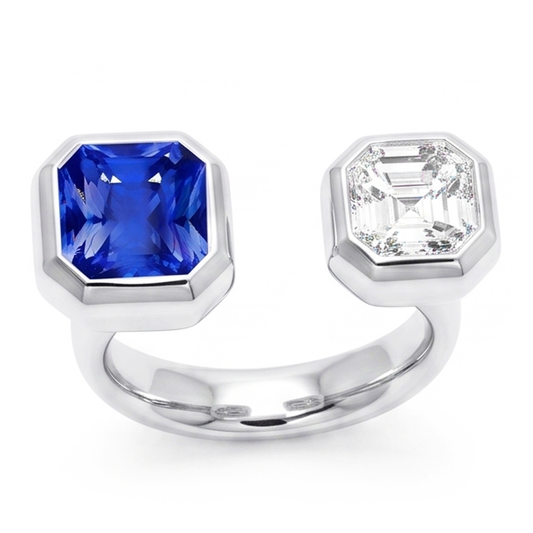 Toi et Moi Asscher Aus der Erde Abgebauter Natürlicher Diamantring-Lünette Set Strahlender Saphir 2,50 Karat