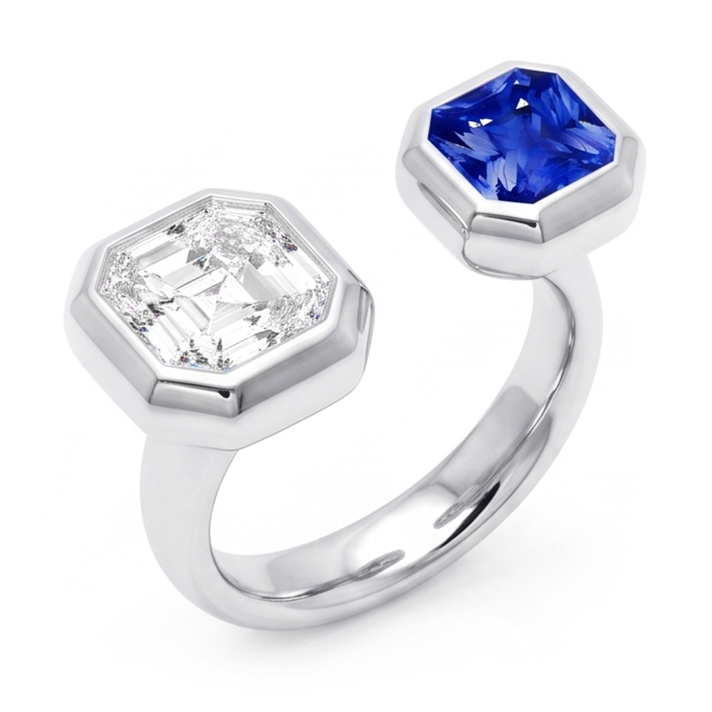 Toi et Moi Asscher Aus der Erde Abgebauter Natürlicher Diamantring-Lünette Set Strahlender Saphir 2,50 Karat