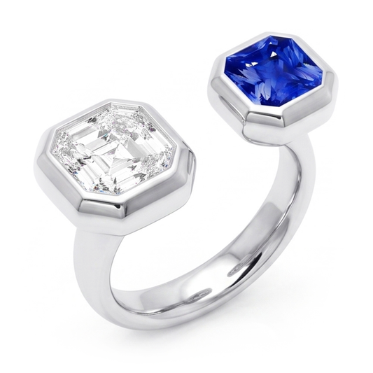 Toi et Moi Asscher Aus der Erde Abgebauter Natürlicher Diamantring-Lünette Set Strahlender Saphir 2,50 Karat