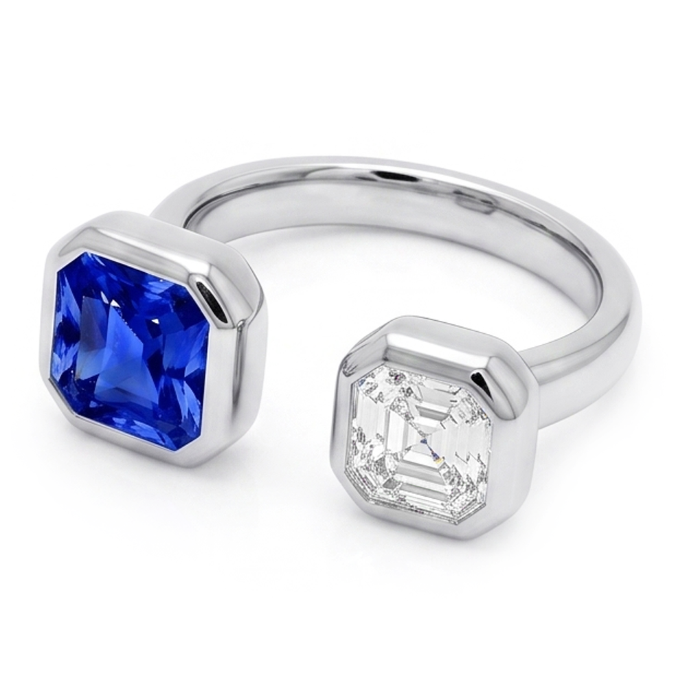 Toi et Moi Asscher Aus der Erde Abgebauter Natürlicher Diamantring-Lünette Set Strahlender Saphir 2,50 Karat