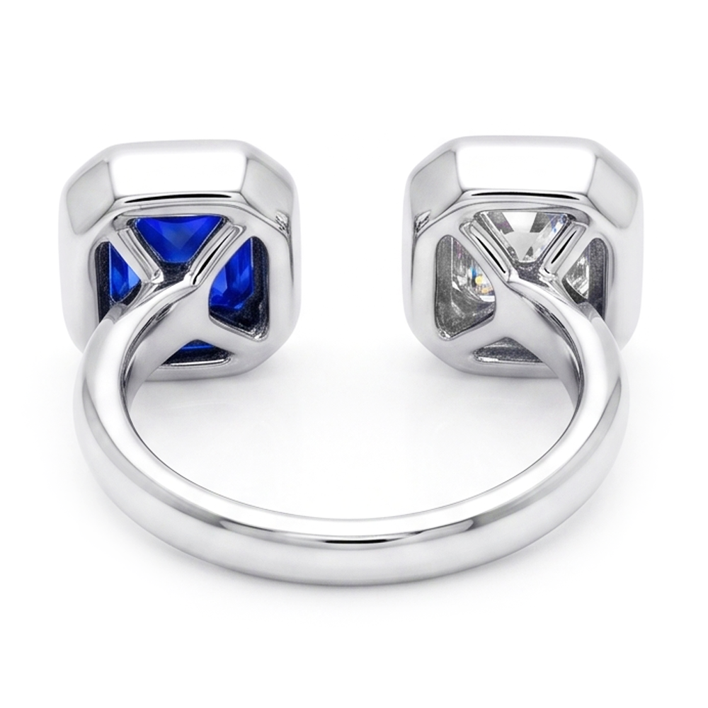 Toi et Moi Asscher Aus der Erde Abgebauter Natürlicher Diamantring-Lünette Set Strahlender Saphir 2,50 Karat
