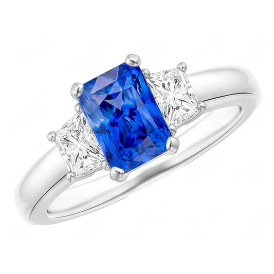 Trapezförmiger Natürlicher Diamant ( nicht im Labor gezüchtet ) Blauer Saphir Ring Radiant Cut 3 Karat Drei Steine
