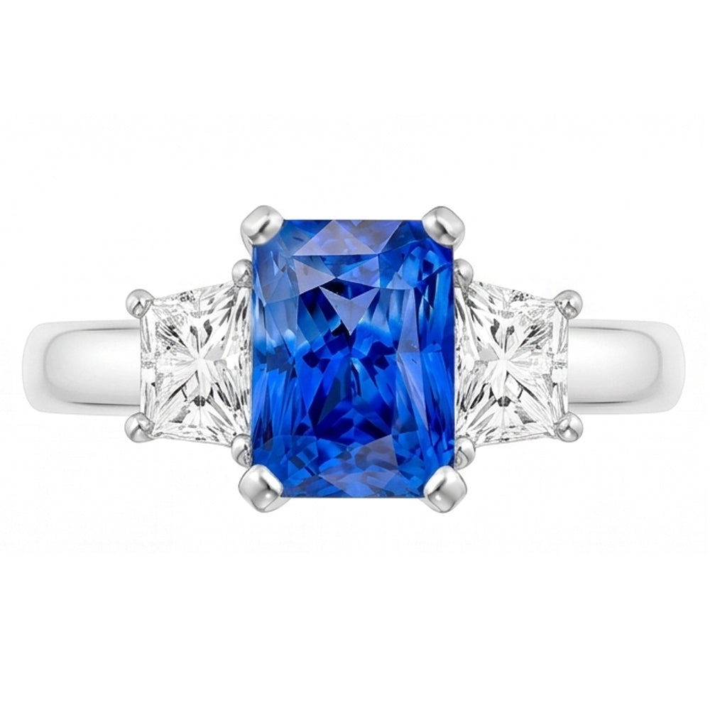 Trapezförmiger Natürlicher Diamant ( nicht im Labor gezüchtet ) Blauer Saphir Ring Radiant Cut 3 Karat Drei Steine