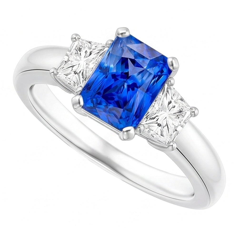 Trapezförmiger Natürlicher Diamant ( nicht im Labor gezüchtet ) Blauer Saphir Ring Radiant Cut 3 Karat Drei Steine