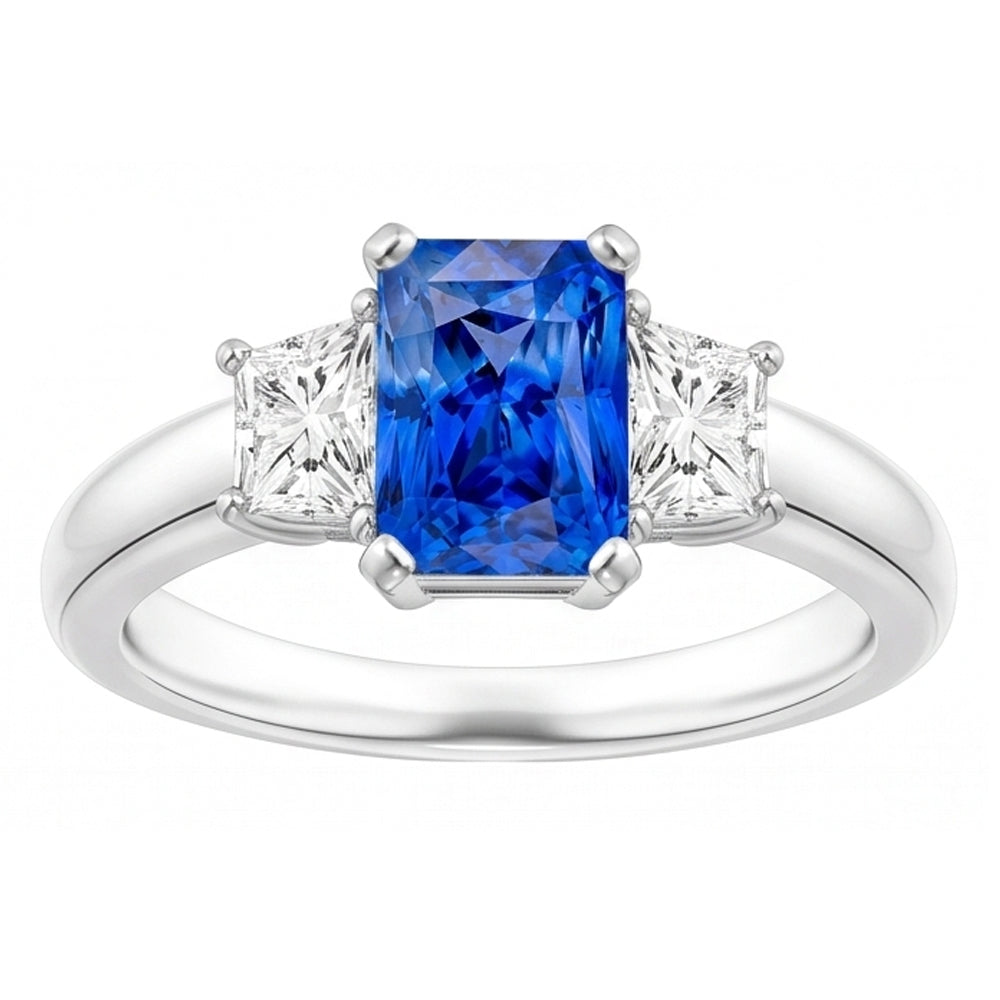 Trapezförmiger Natürlicher Diamant ( nicht im Labor gezüchtet ) Blauer Saphir Ring Radiant Cut 3 Karat Drei Steine