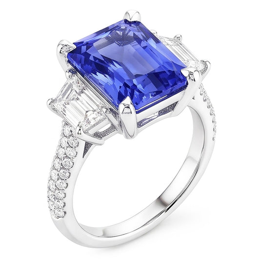 Trapezförmiger Natürlicher Diamant ( nicht im Labor gezüchtet )-Saphir-Ring mit Akzenten Gold Pave Set 4,50 Karat