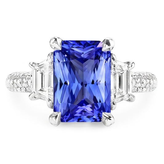 Trapezförmiger Natürlicher Diamant ( nicht im Labor gezüchtet )-Saphir-Ring mit Akzenten Gold Pave Set 4,50 Karat