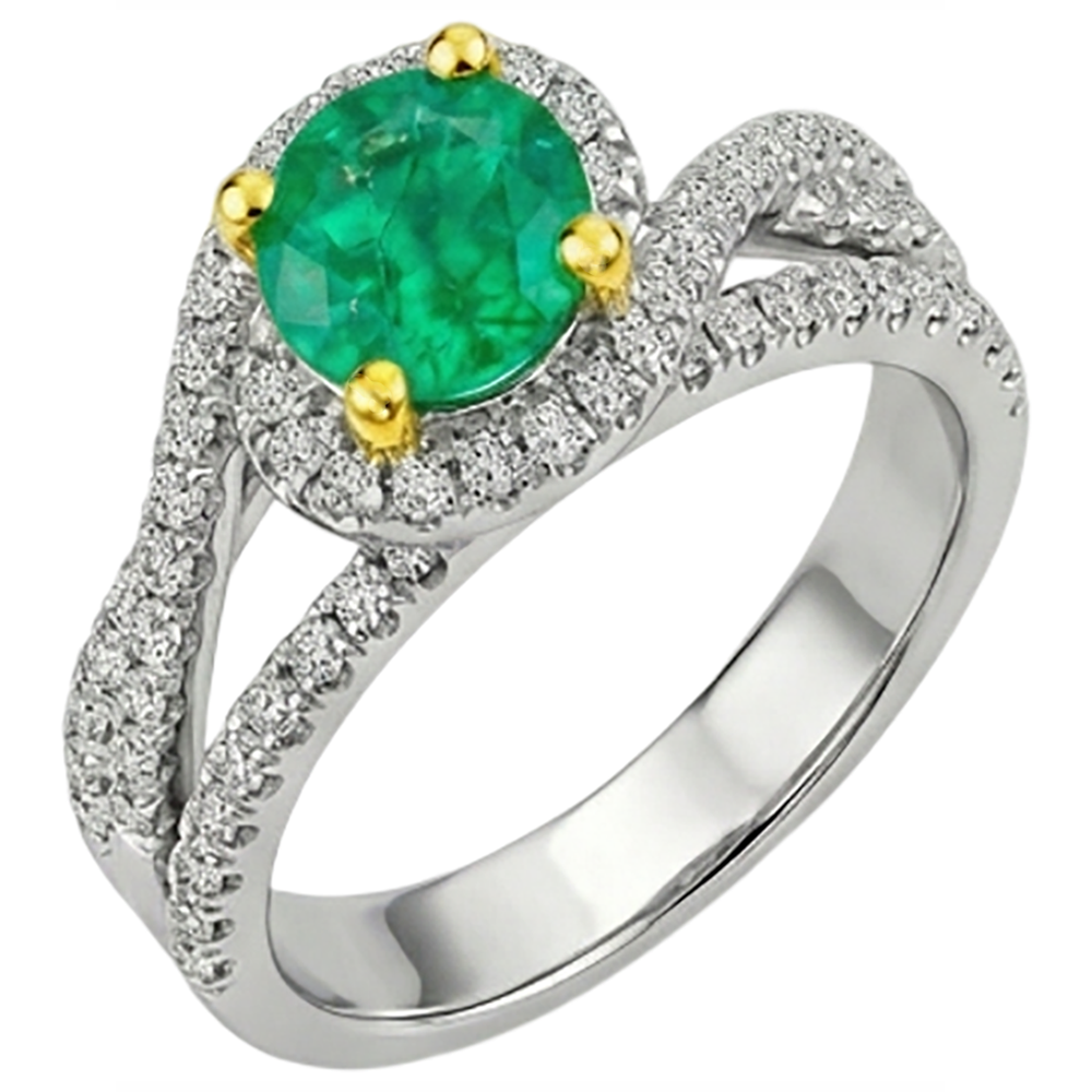 Rund-Brillant Smaragd Ring in 14 Karat Zweifarbig Gold – Schrägansicht