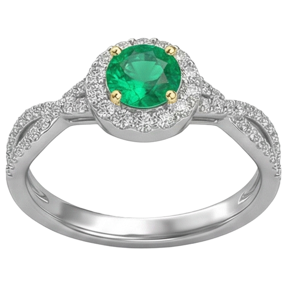 Kolumbianischer Smaragd Rund-Brillant Schmuckstein-Ring in Bicolor 14K Gold – Schrägansicht