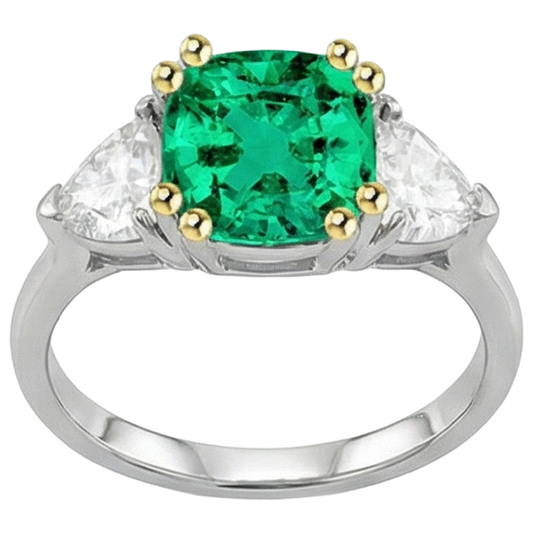 Smaragd Kissen-Schliff Schmuckstein-Ring in 14 Karat Zweifarbig Gold – Frontansicht