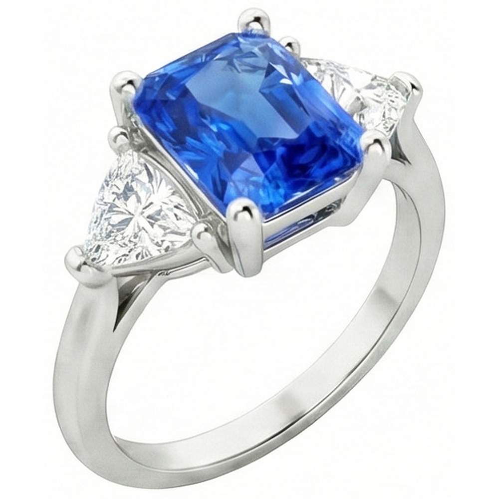 Trillion Natürlicher Diamant ( nicht im Labor gezüchtet ) Drei-Steine-Ring mit strahlendem Ceylon-Saphir 2,50 Karat
