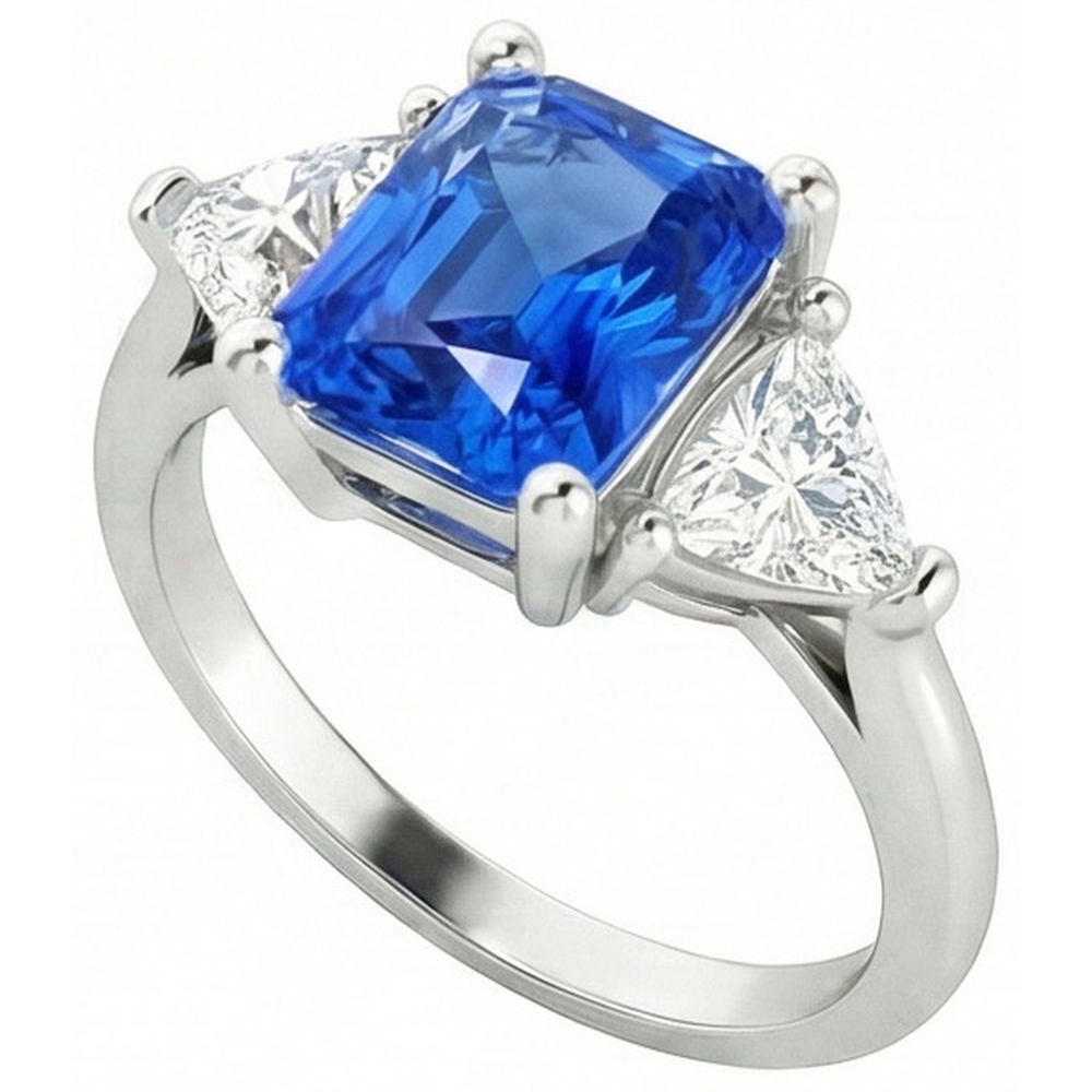 Trillion Natürlicher Diamant ( nicht im Labor gezüchtet ) Drei-Steine-Ring mit strahlendem Ceylon-Saphir 2,50 Karat