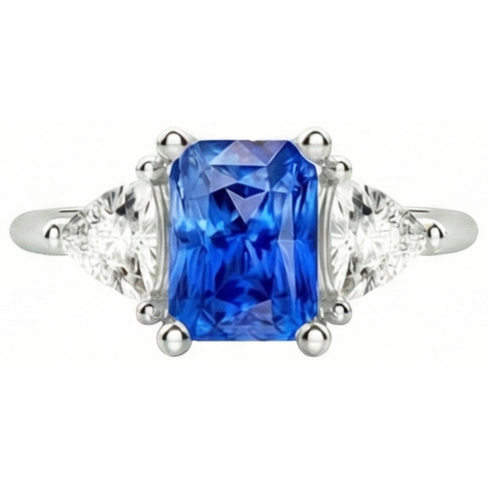 Trillion Natürlicher Diamant ( nicht im Labor gezüchtet ) Drei-Steine-Ring mit strahlendem Ceylon-Saphir 2,50 Karat