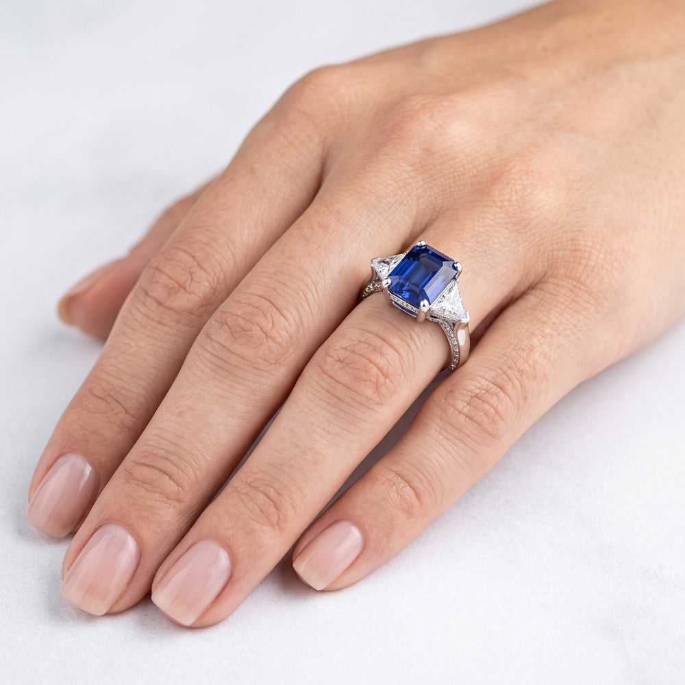 Trillion Natürlicher Diamant ( nicht im Labor gezüchtet ) Saphir Ring 2 Karat Ceylon Saphir 3 Stein Zinken