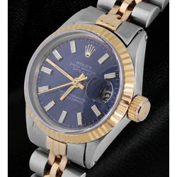 Uhr mit blauem Stick-Zifferblatt und geriffelter Lünette von Rolex Edelstahl mit goldener Jubilee-Klammer