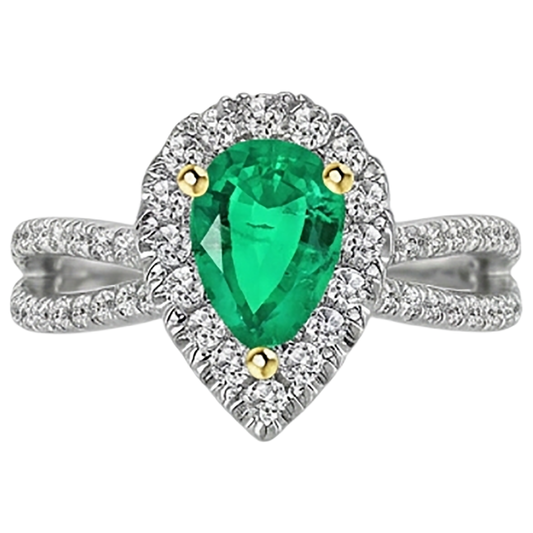 Birnen-Schliff Smaragd Ring in Zweifarbiges 14K Gold – Frontansicht