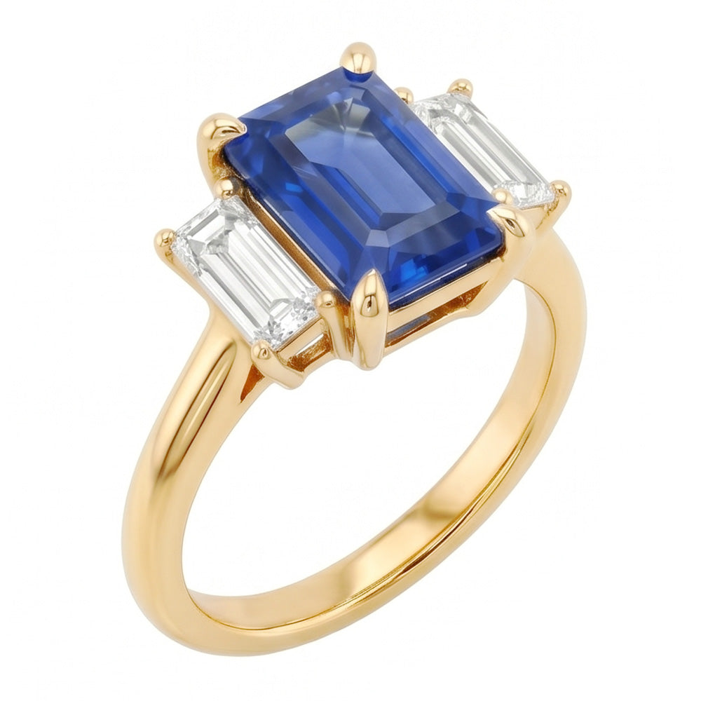 Verlobungsring 3 Karat Blauer Saphir Smaragd & Baguette Schliff