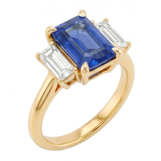 Verlobungsring 3 Karat Blauer Saphir Smaragd & Baguette Schliff