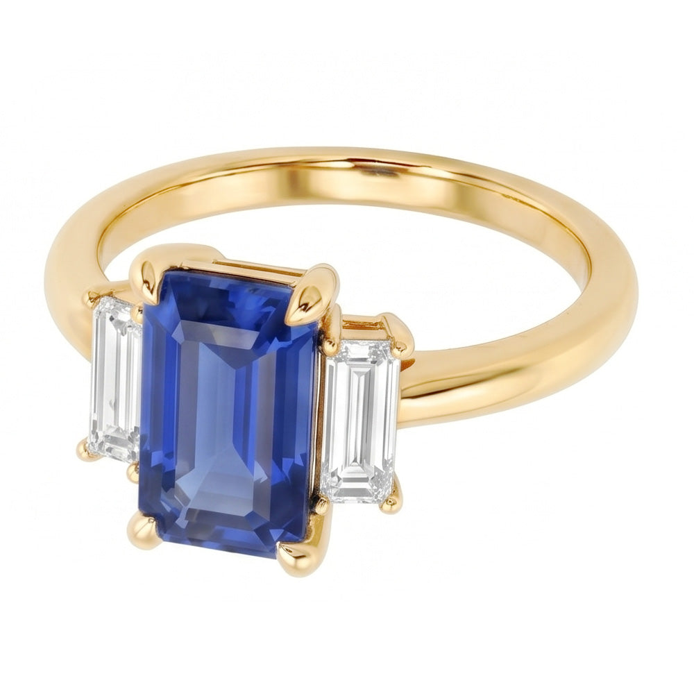 Verlobungsring 3 Karat Blauer Saphir Smaragd & Baguette Schliff