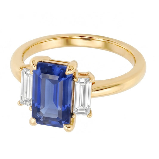 Verlobungsring 3 Karat Blauer Saphir Smaragd & Baguette Schliff