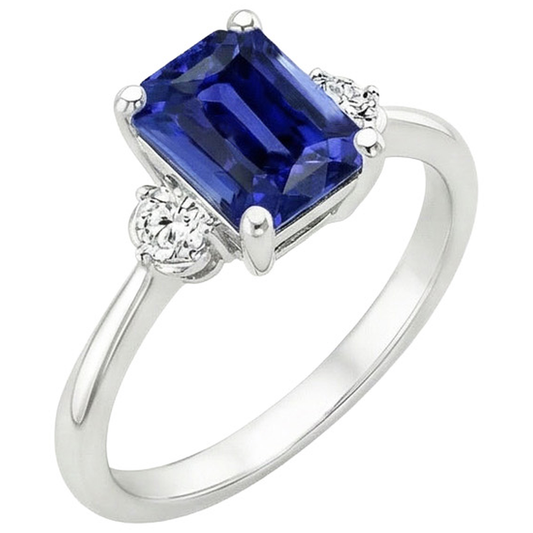 Verlobungsring 3 Steine Strahlender Ceylon Saphir & Aus der Erde Abgebauter Natürlicher Diamant 3,50 Karat