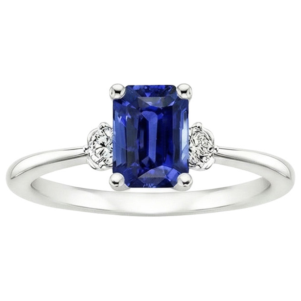 Verlobungsring 3 Steine Strahlender Ceylon Saphir & Aus der Erde Abgebauter Natürlicher Diamant 3,50 Karat