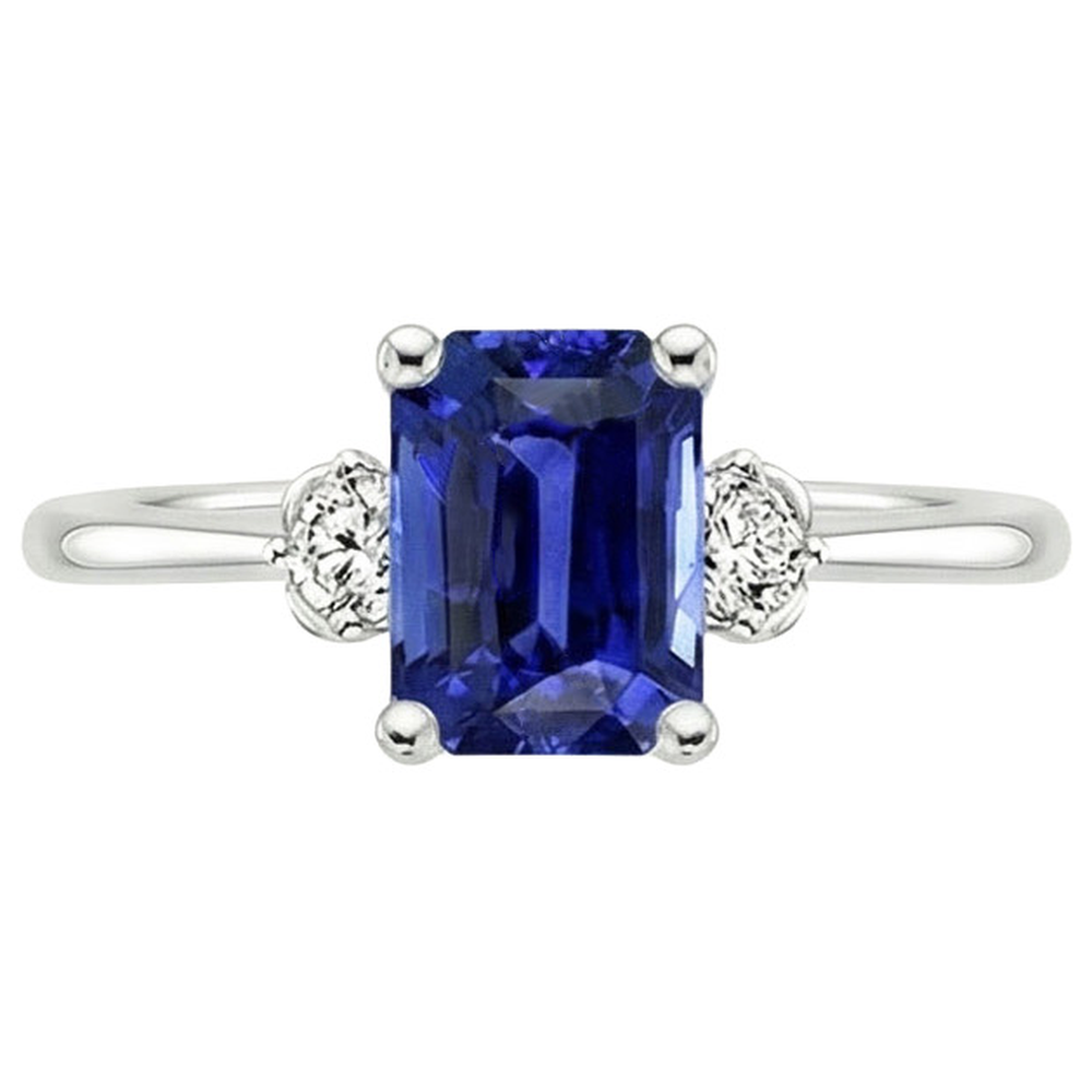 Verlobungsring 3 Steine Strahlender Ceylon Saphir & Aus der Erde Abgebauter Natürlicher Diamant 3,50 Karat