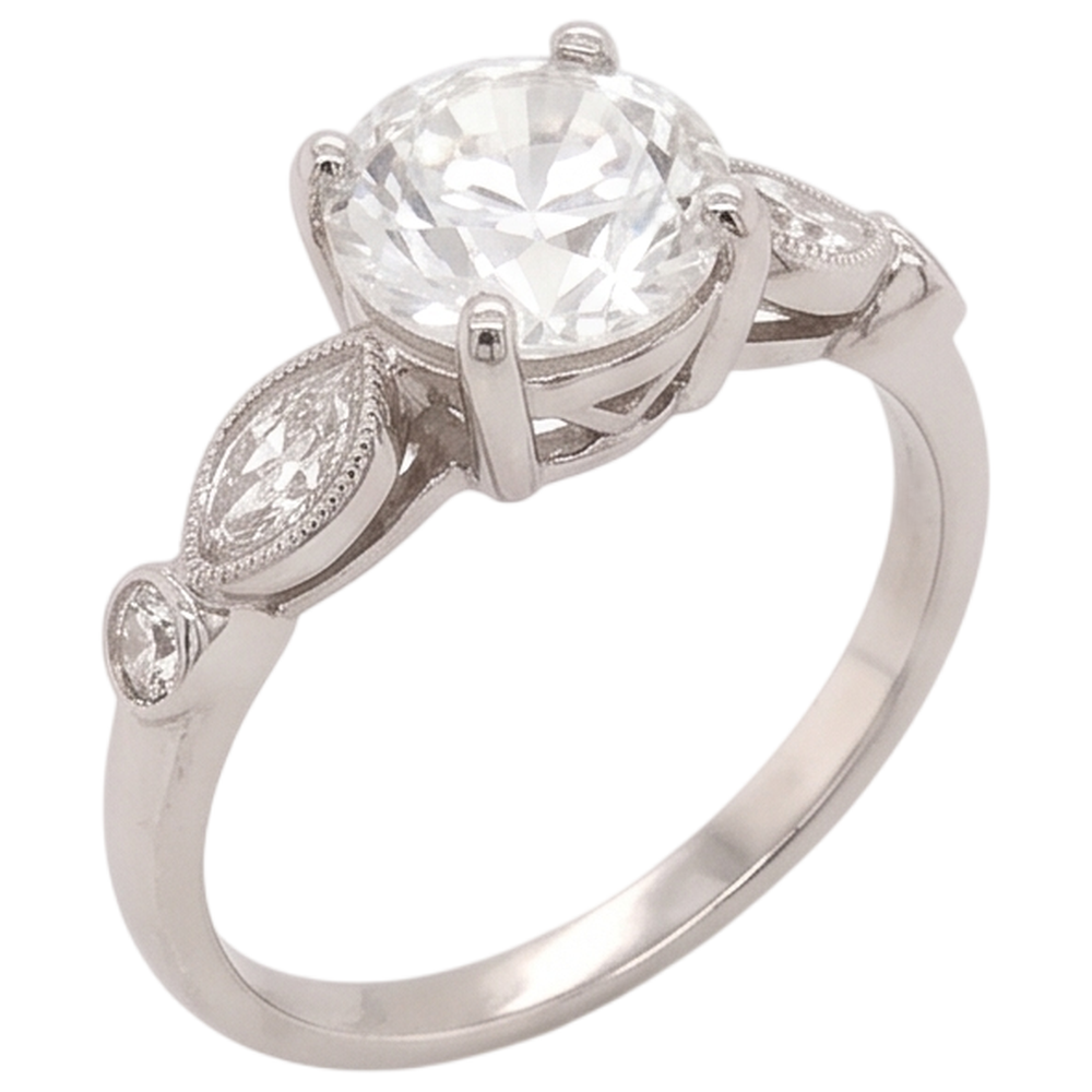 Verlobungsring Echt Aus der Erde Abgebauter Natürlicher Diamant 2,25 Karat akzentuiert rund & Marquise Schliff