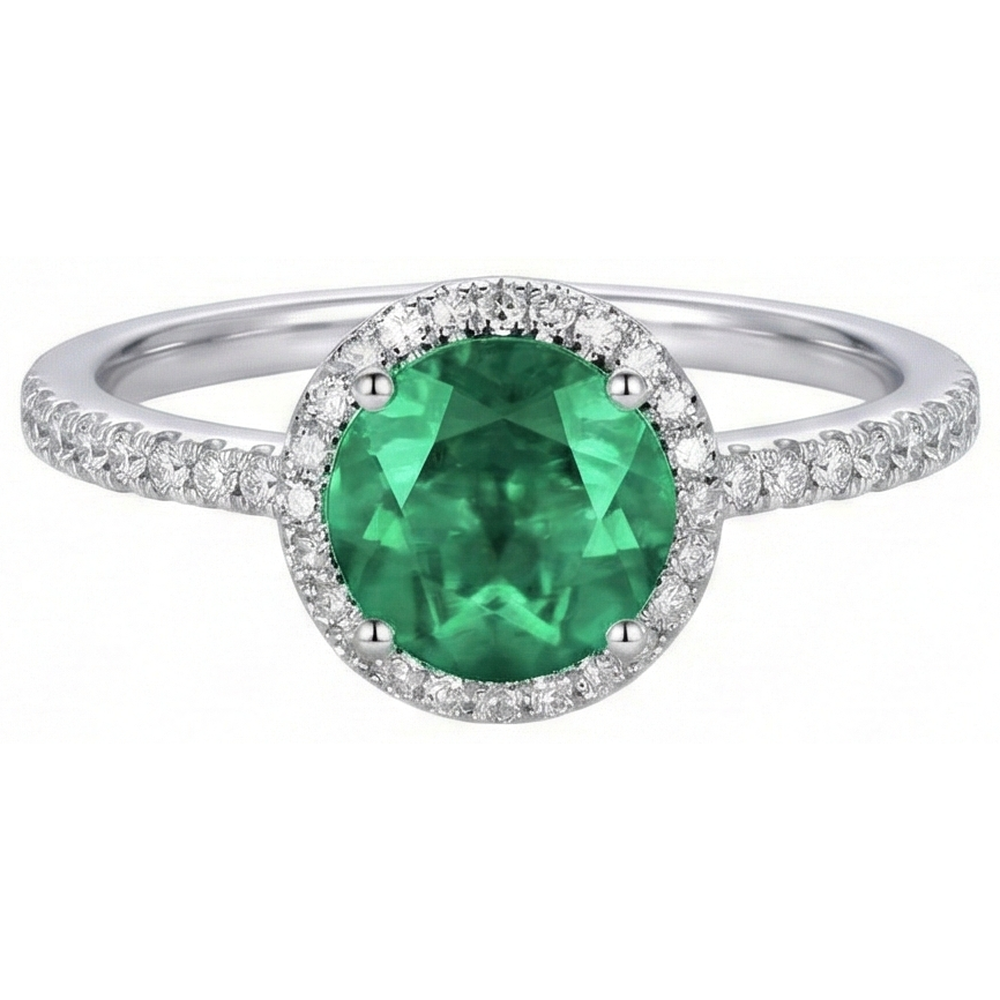 Verlobungsring Grüner Smaragd Aus der Erde Abgebauter Natürlicher Diamant im Rundschliff Weißgold 14K 5 Ct