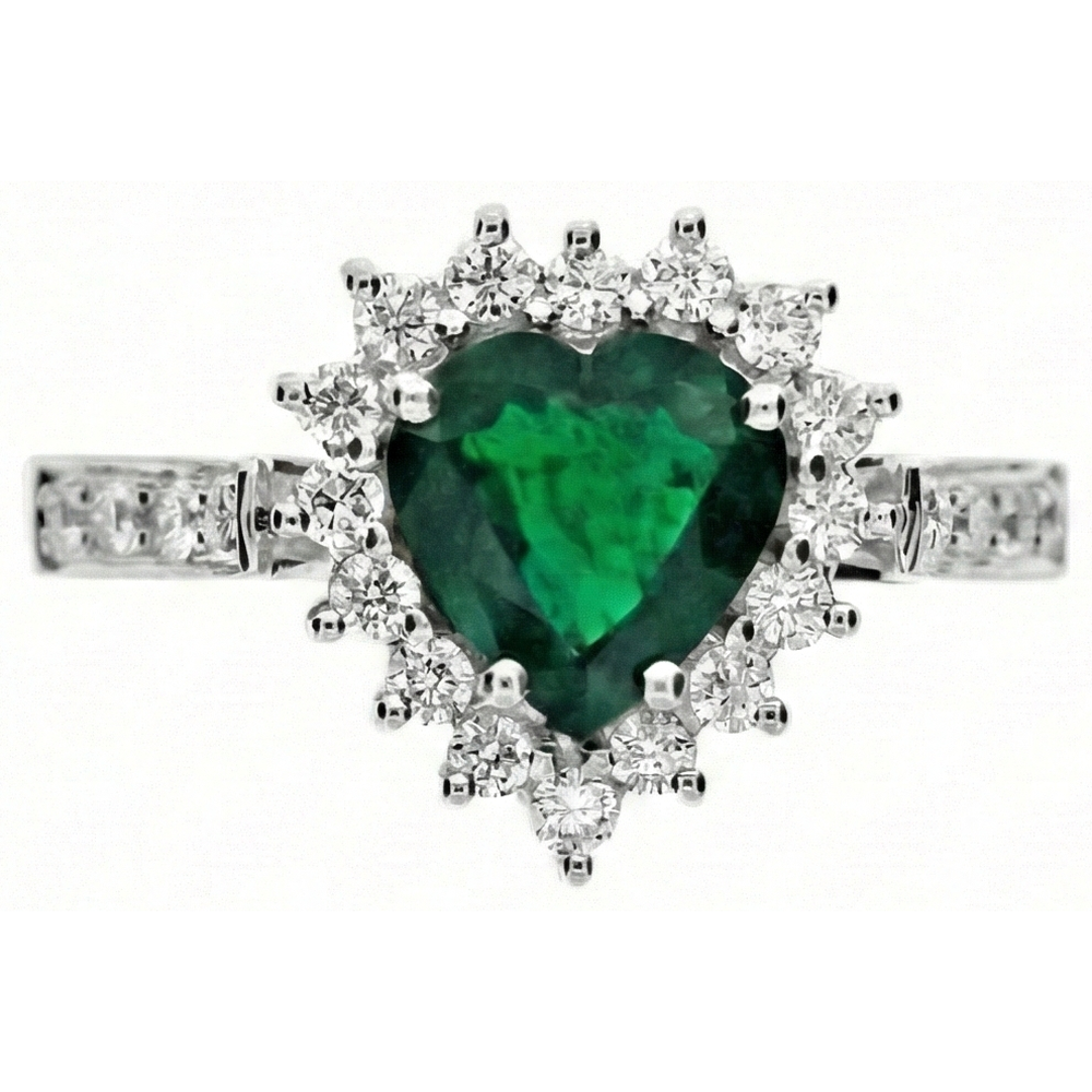 Verlobungsring Mit Grün Smaragd Und Aus der Erde Abgebauter Natürlicher Diamant Im Herzschliff 6 Karat Weißgold 14K