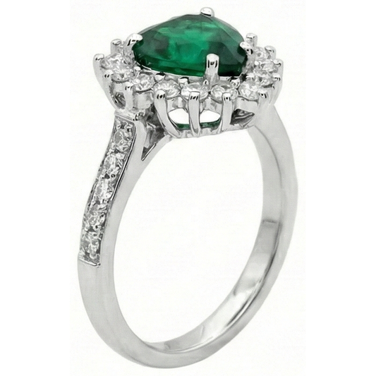 Verlobungsring Mit Grün Smaragd Und Aus der Erde Abgebauter Natürlicher Diamant Im Herzschliff 6 Karat Weißgold 14K