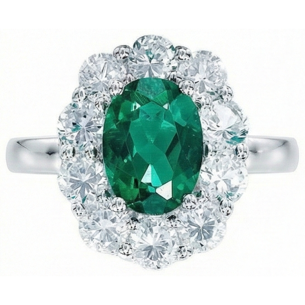 Verlobungsring Ovalschliff Grün Smaragd Aus der Erde Abgebauter Natürlicher Diamant Gold Weiß 14K 6.5 Karat