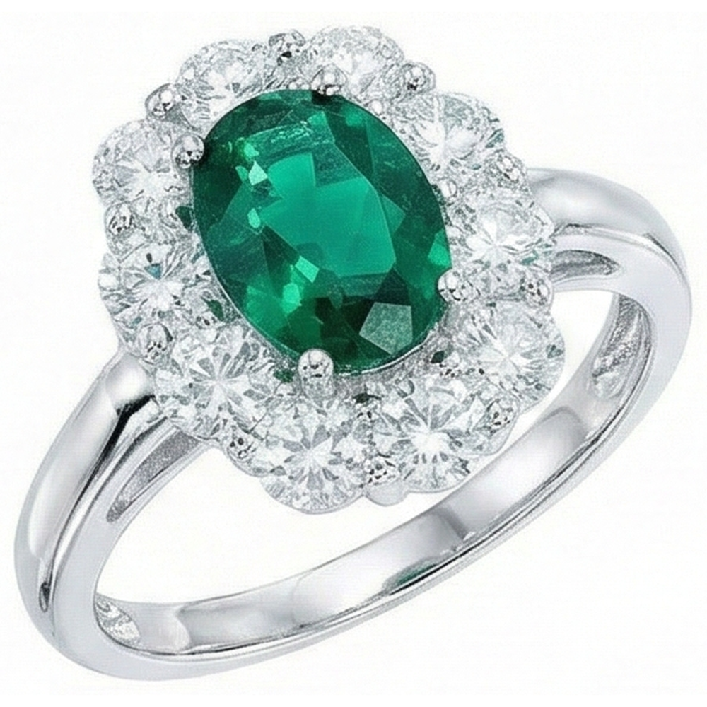 Verlobungsring Ovalschliff Grün Smaragd Aus der Erde Abgebauter Natürlicher Diamant Gold Weiß 14K 6.5 Karat