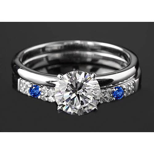Verlobungsring-Set 2,75 Karat runder Echt Diamant & blauer Saphir 4 Zinken