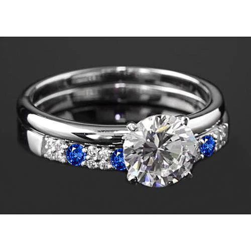 Verlobungsring-Set 2,75 Karat runder Echt Diamant & blauer Saphir 4 Zinken