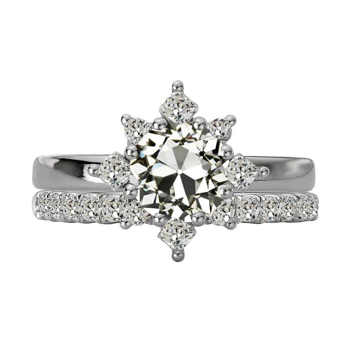 Verlobungsring-Set Kissen & runder Altschliff-Echt Diamant im Sternstil 5 Karat