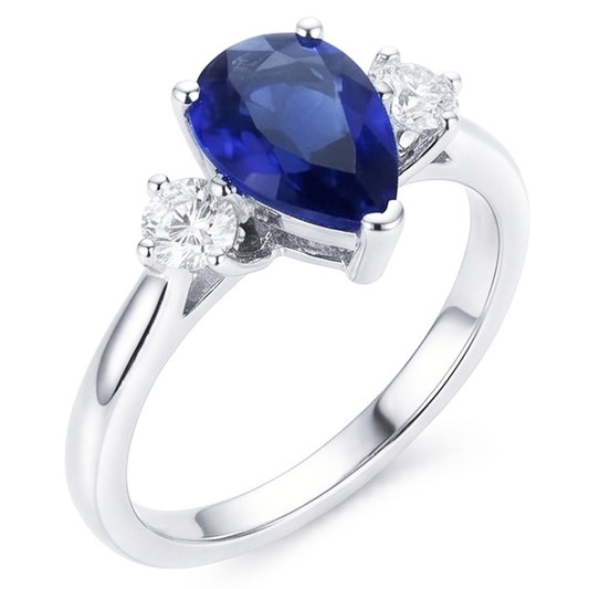 Verlobungsring mit 3 Steinen Birne Blauer Saphir & Natürlicher Diamant ( nicht im Labor gezüchtet )en 2.50 Karat