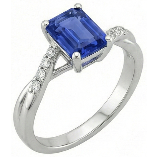 Verlobungsring mit Seitensteinen Blauer Saphir & Aus der Erde Abgebauter Natürlicher Diamant 3,25 Karat