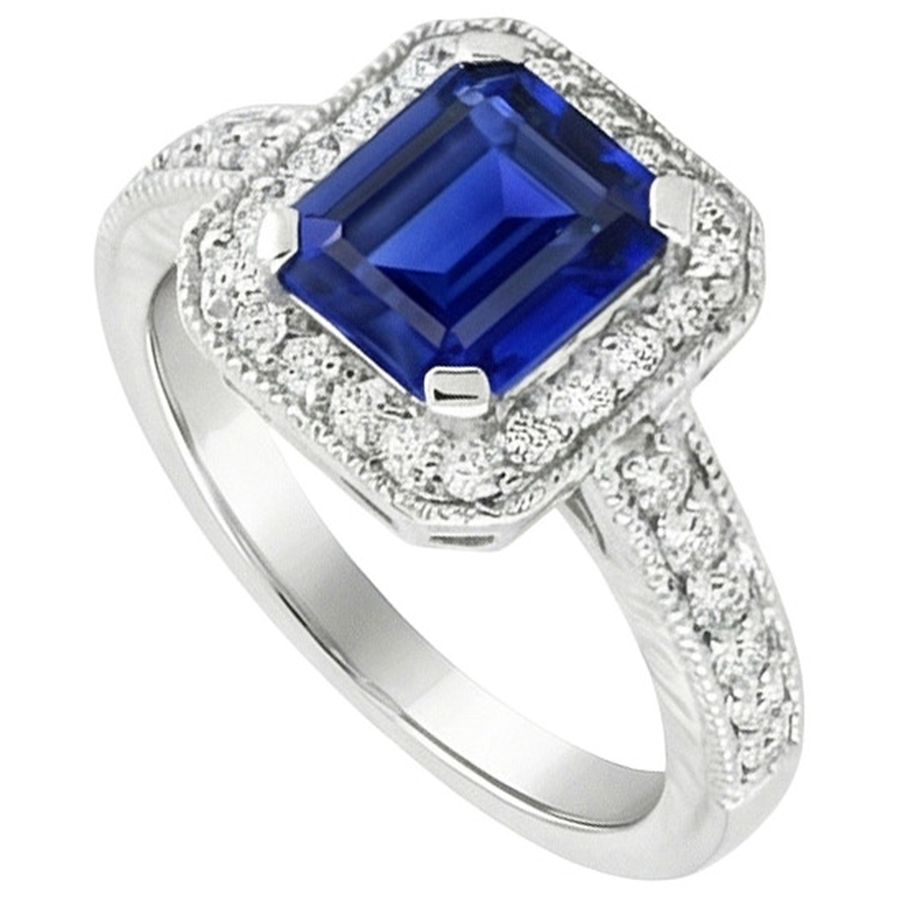 Verlobungsring mit blauem Saphir im Smaragdschliff 2.20 Karat Gold 14K