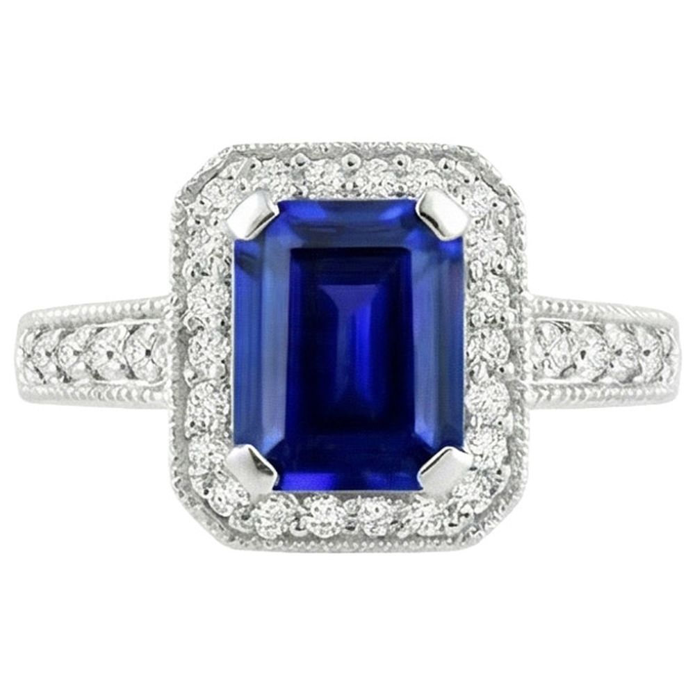 Verlobungsring mit blauem Saphir im Smaragdschliff 2.20 Karat Gold 14K