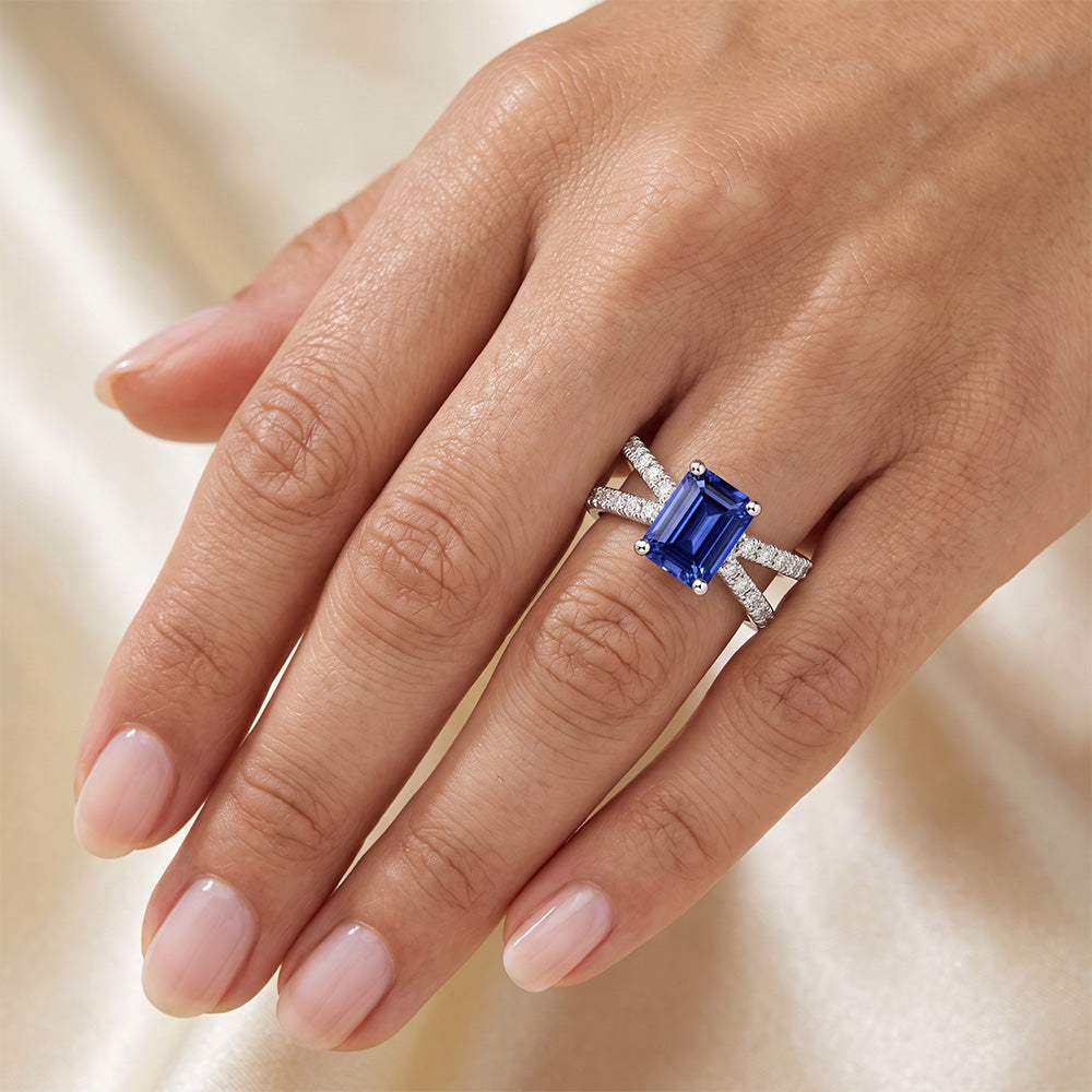 Verlobungsring mit geteiltem Schaft Blauer Saphir & Aus der Erde Abgebauter Natürlicher Diamant 4,25 Karat
