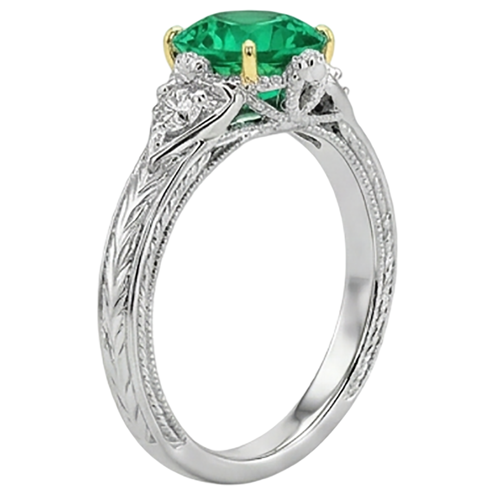 Rund-Brillant Edler Smaragd Ring in Zweifarbiges 14K Gold – Rückansicht