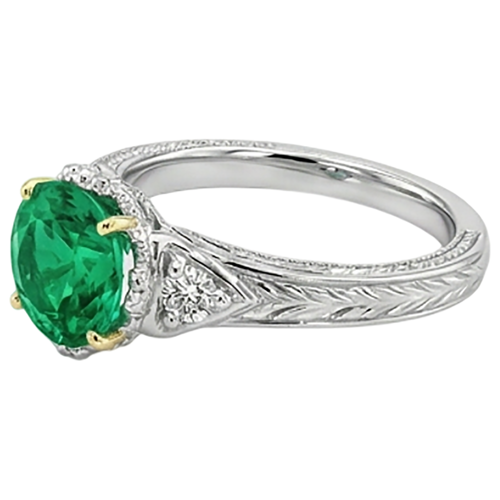 Edler Smaragd Rund-Brillant Edelstein-Ring in Zweifarbiges 14K Gold – Profilansicht