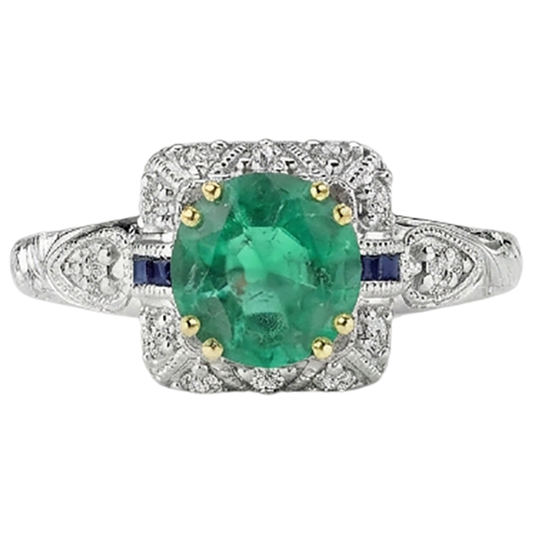 Rund-Brillant Edler Smaragd Ring in Zweifarbiges 14K Gold – Frontansicht