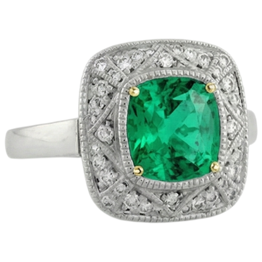 Kissen-Schliff Kolumbianischer Smaragd Ring in Bicolor 14K Gold – Schrägansicht