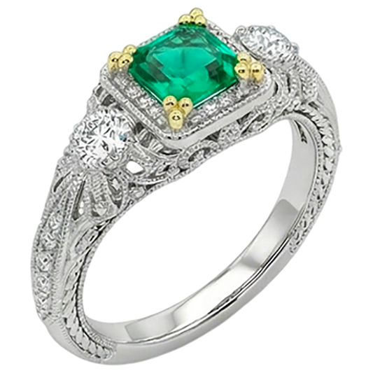 Edler Smaragd Asscher-Schliff Schmuckstein-Ring in Bicolor 14K Gold – Frontansicht