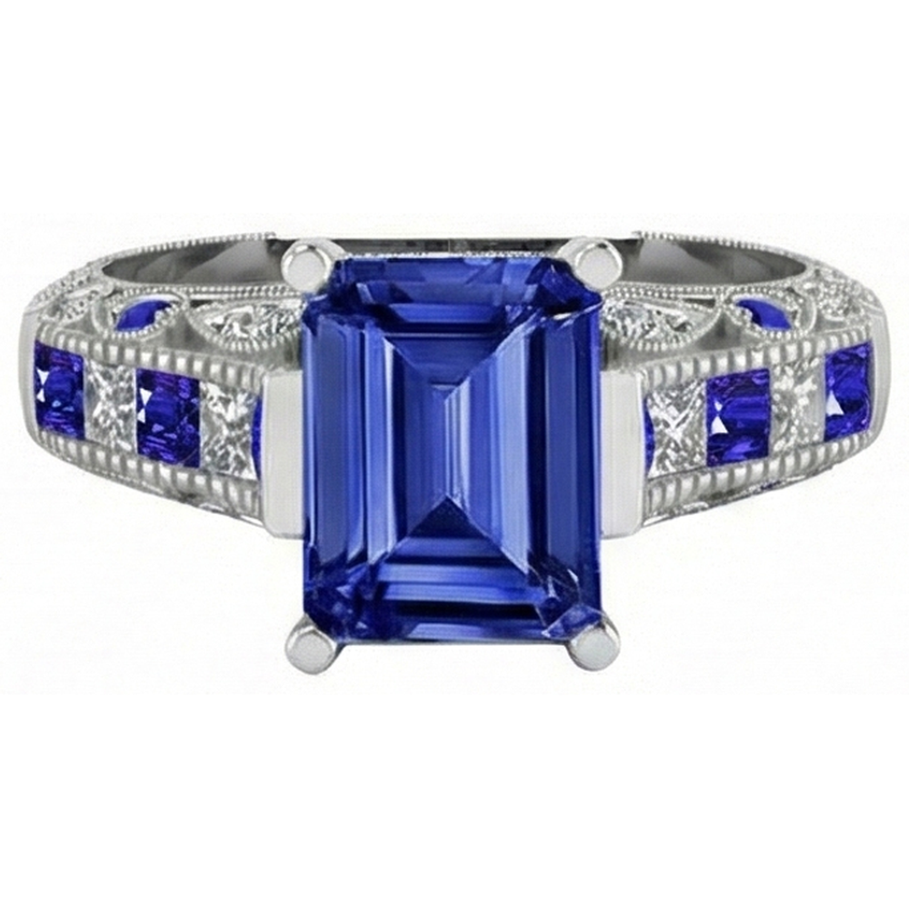 Vintage-Stil Smaragdschliff Ceylon Saphir Aus der Erde Abgebauter Natürlicher Diamantring 11,50 Karat