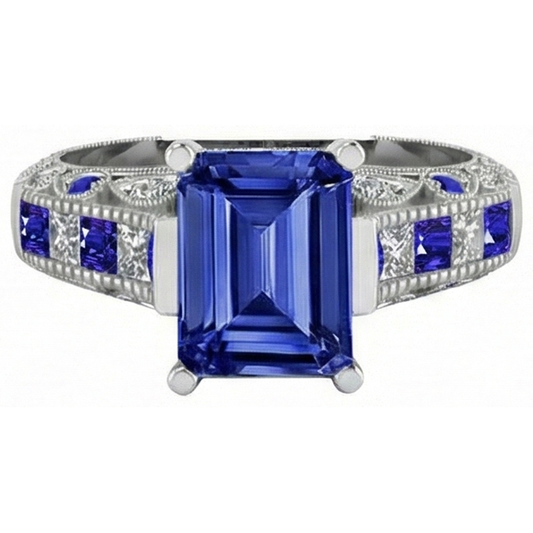Vintage-Stil Smaragdschliff Ceylon Saphir Aus der Erde Abgebauter Natürlicher Diamantring 11,50 Karat